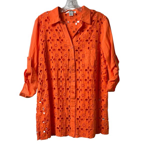 August‎ Silk Floral Laser Cut 3/4 Sleeve Button Front Top Orange Coral L (2816) - Picture 2 of 5